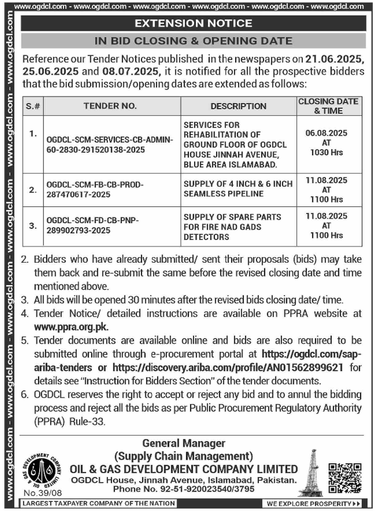 Oil & Gas Development Company Limited Islamabad Tender Notice